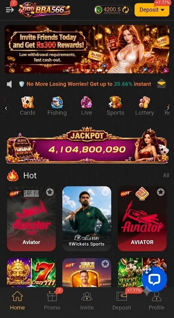 BBA566 game APK interface image showing features