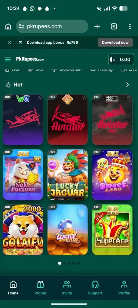 PKRUPEES Game home screen with available gaming options