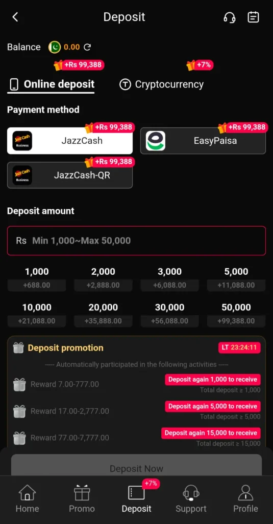 TD1947 Game deposit options with Easypaisa and JazzCash