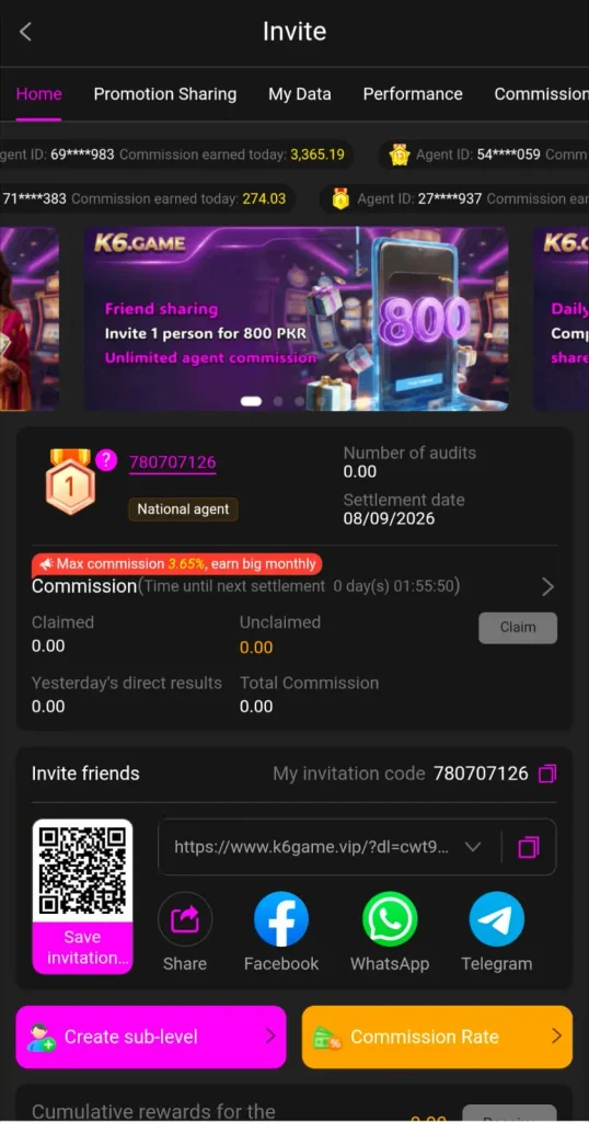 K6 Game invite referral page for users in Pakistan