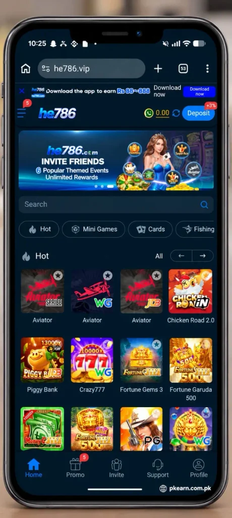 HE786 Game home screen and game lobby with multiple games - PKearn