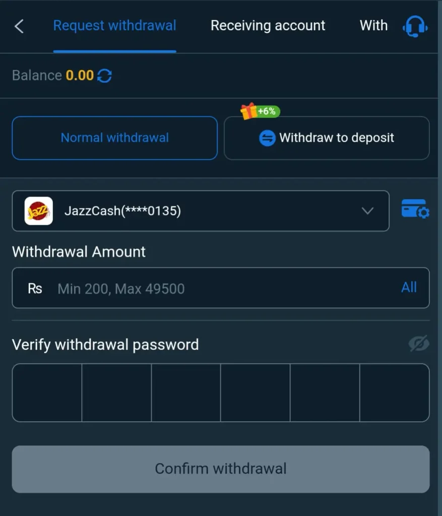 HE786 Game withdrawal screen for Pakistani users