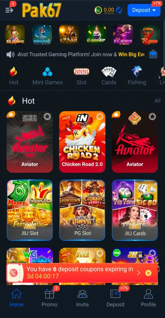 Pak67 Game Android home screen showing the main gaming sections- Pak earn