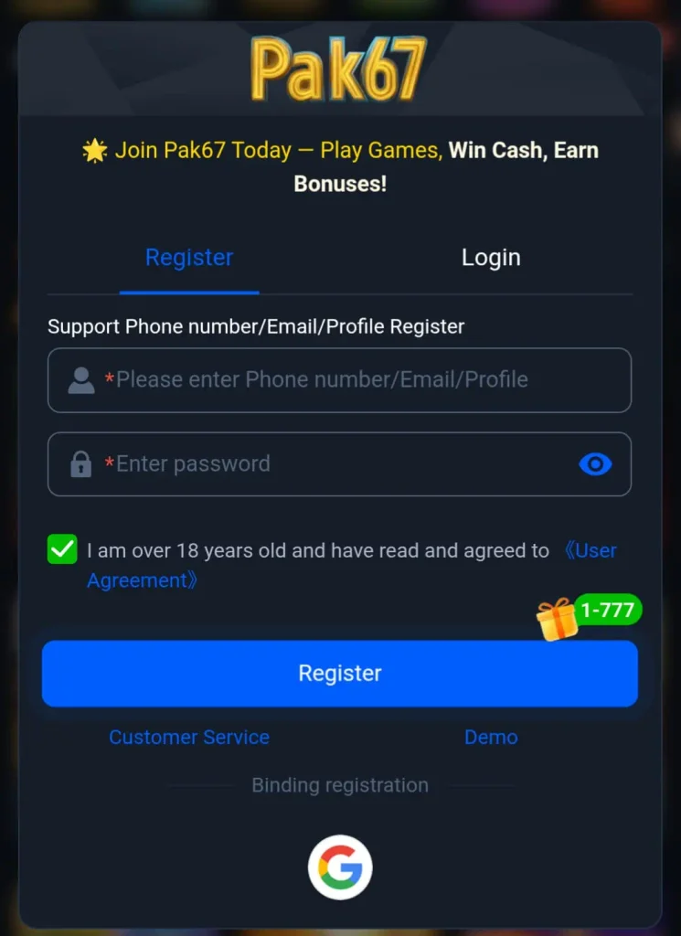 Alt: Pak67 Game registration form for creating a new player account