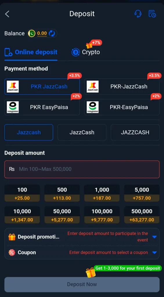 Pak67 Game deposit section showing JazzCash and Easypaisa payment options