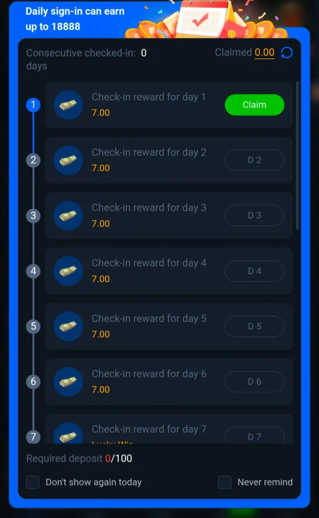 Pak67 Game daily check-in bonus and reward screen