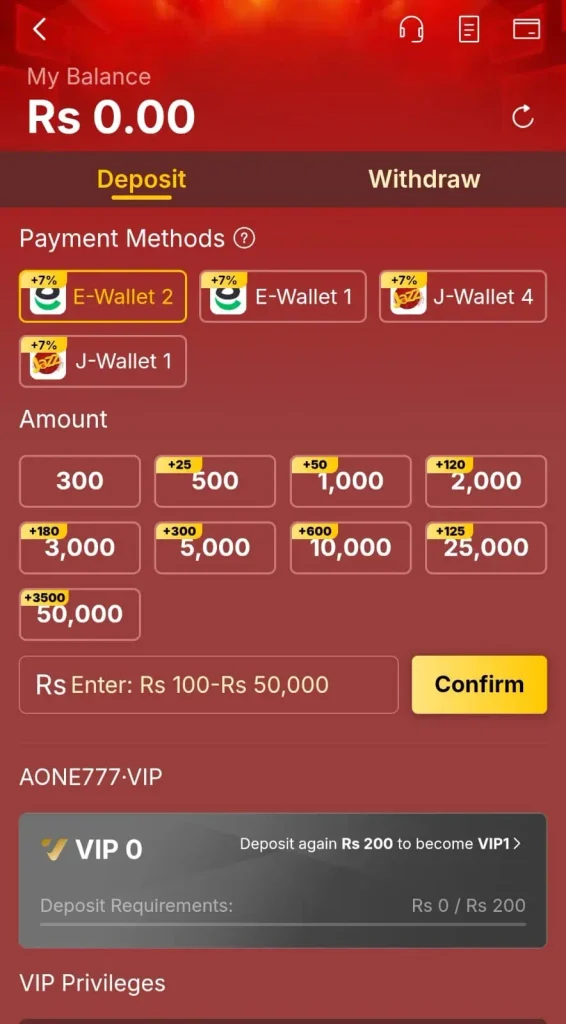 AONE777 game deposite method