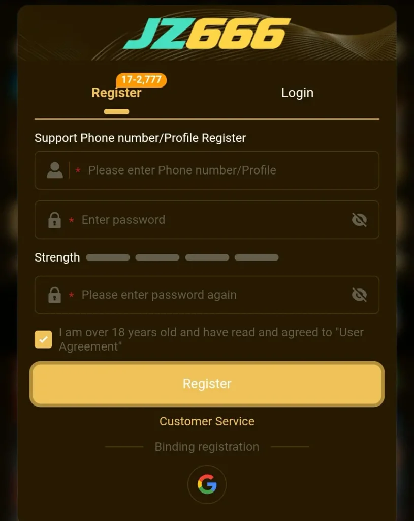JZ666 game registration image for Android users