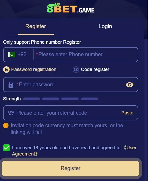 8Bet game register image