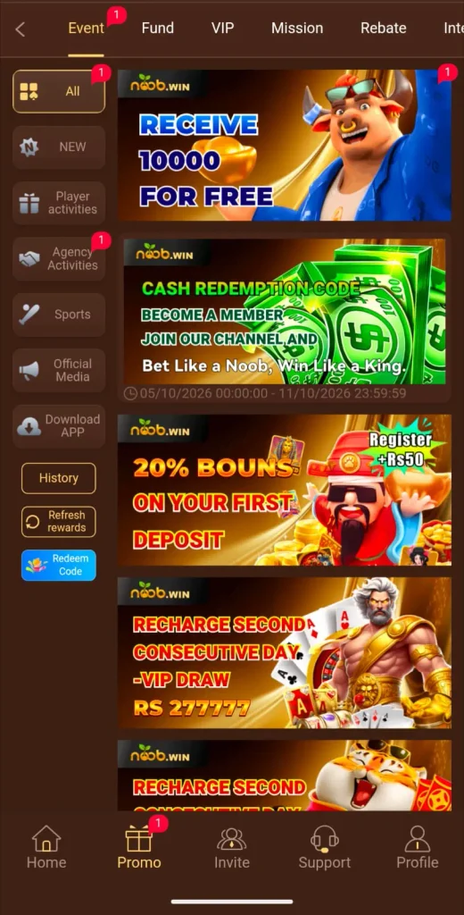 Noobwin Game bonus and reward section showing available player offers